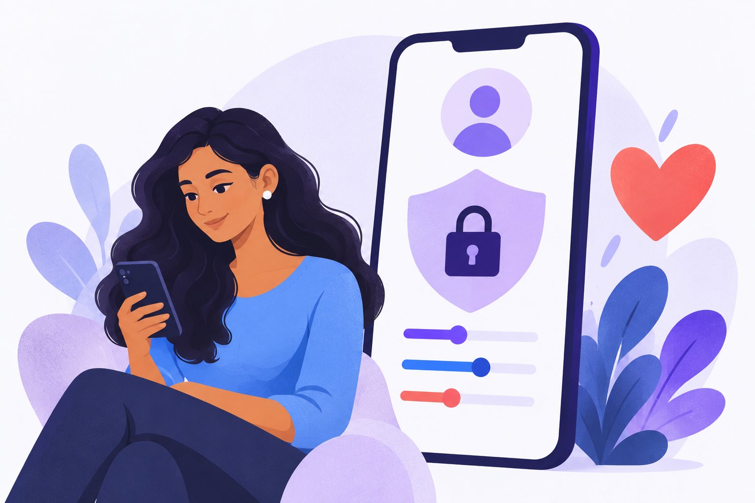 Illustration of a woman reviewing her phone, beside a large phone screen showing a profile, a privacy lock and preference sliders.