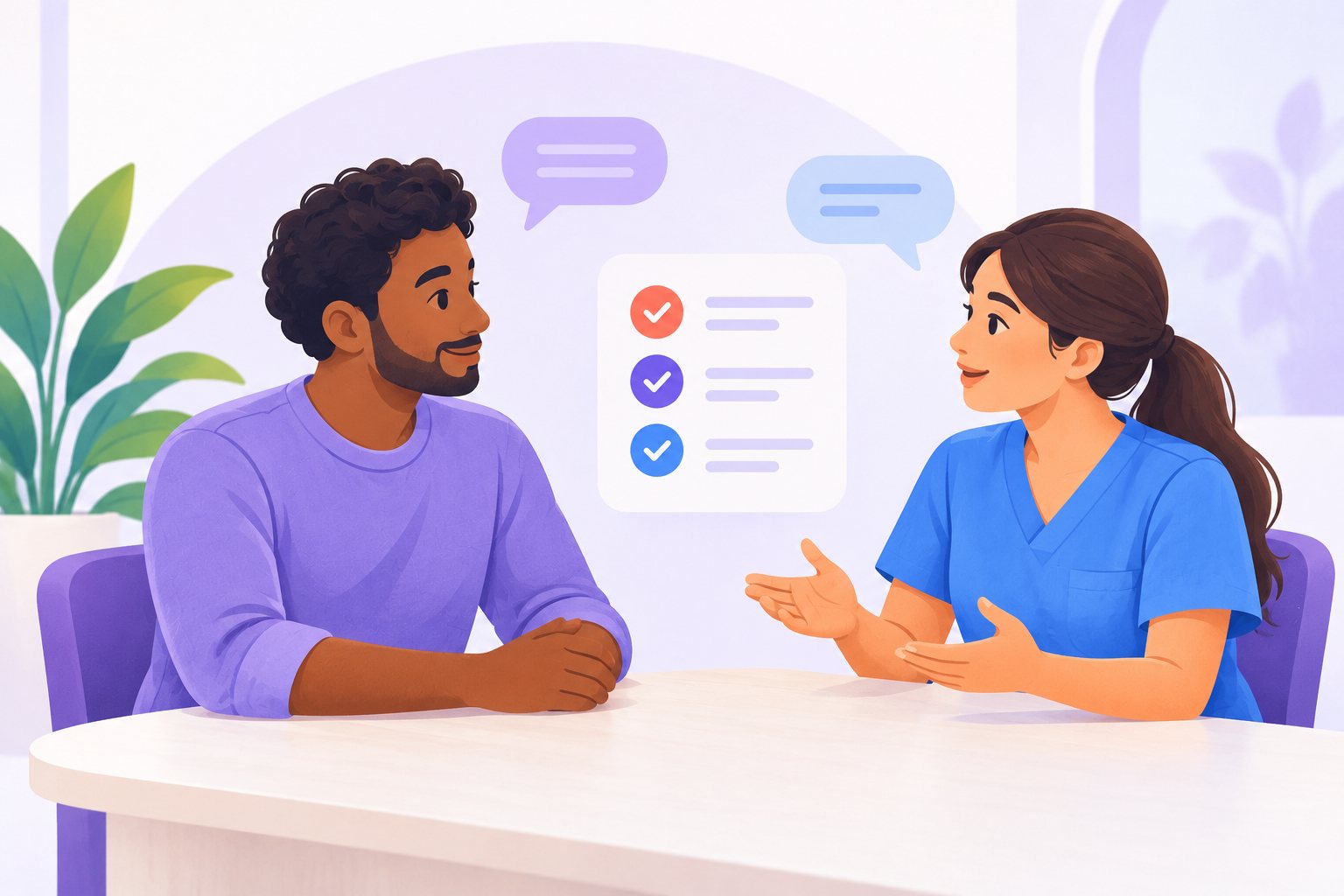 Illustration of an adult talking with a healthcare professional across a table, with a checklist between them.