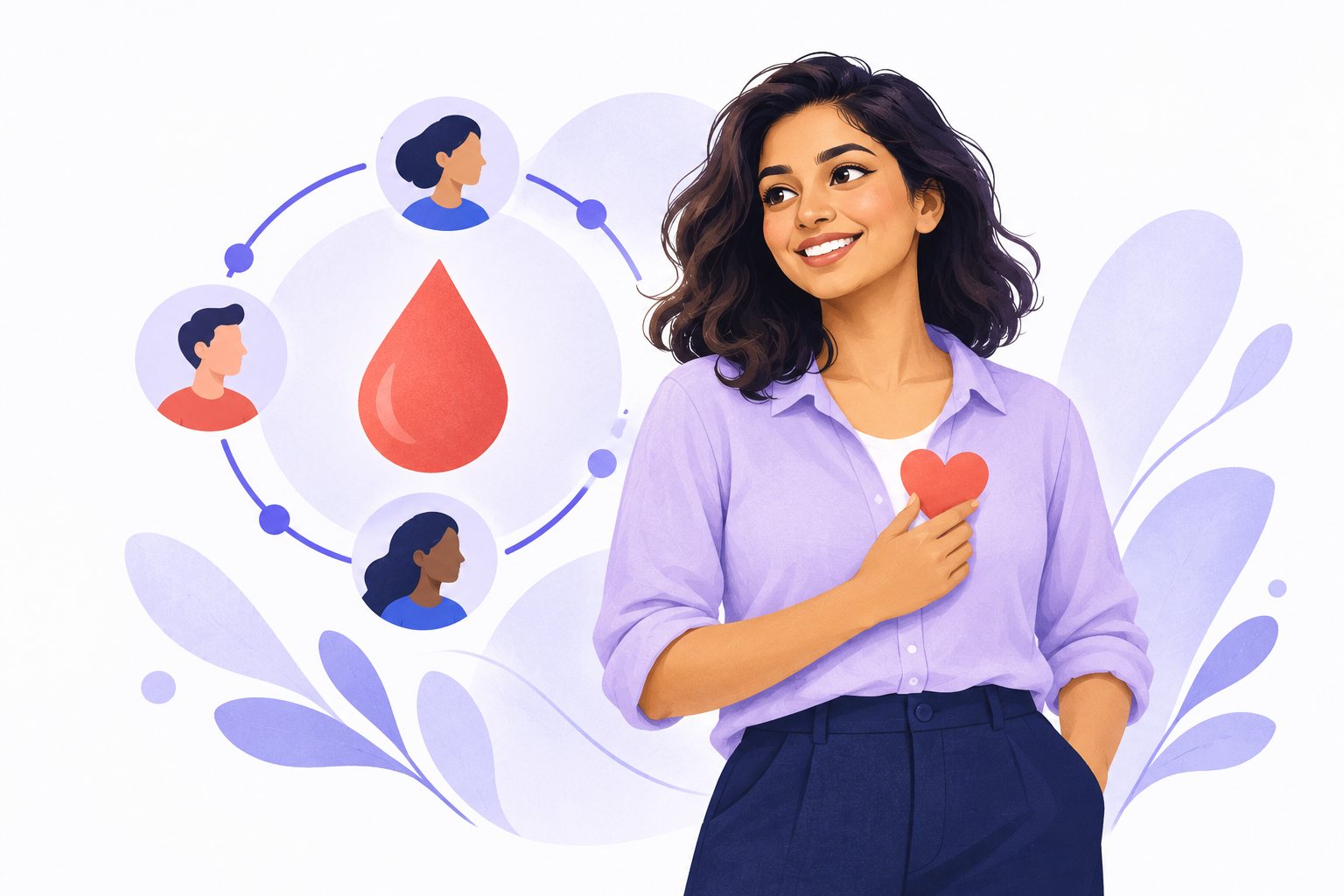 Illustration of a smiling woman holding a paper heart, beside a circle of people connected around a blood drop.