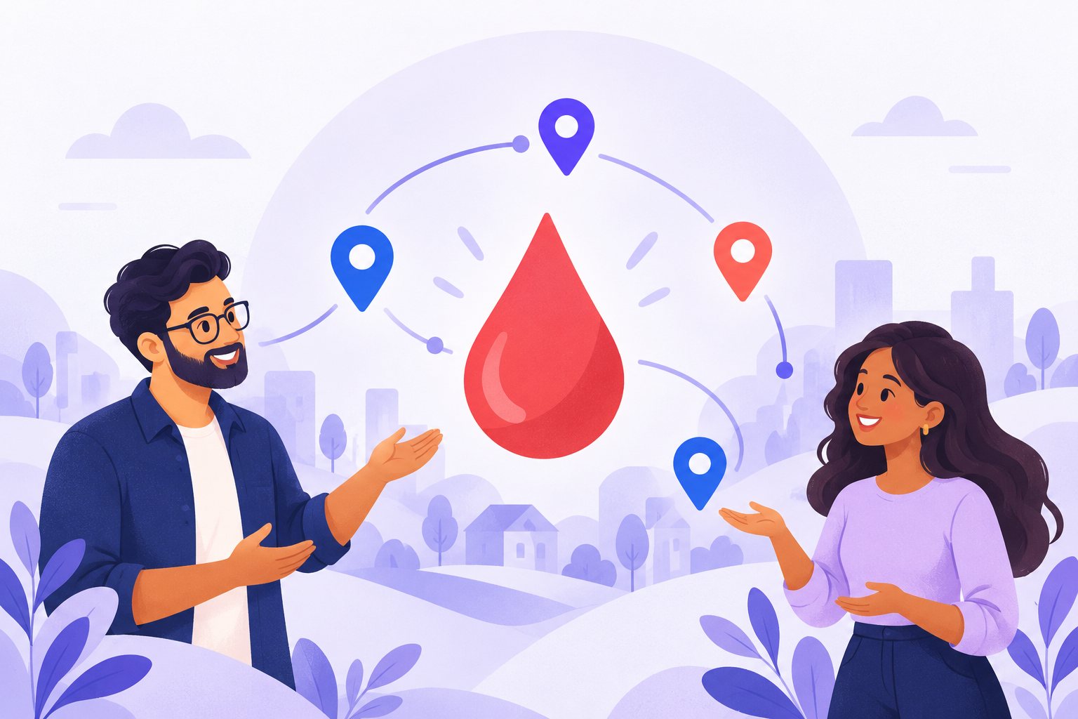 Illustration of two adults talking, with a blood-drop symbol and location pins between them.