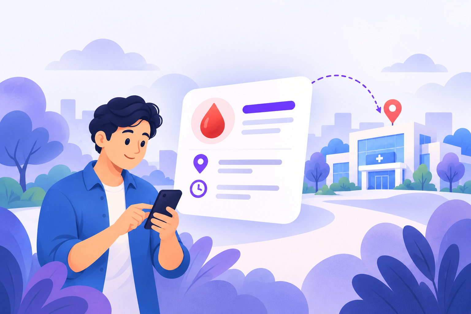 Illustration of a man posting a blood request on his phone, with the request card routed to a map pin above a hospital.